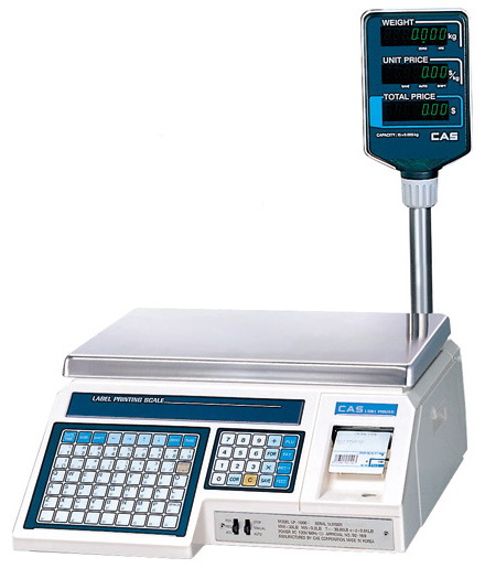 CAS,cas lp-6r весы торговые с принтером этикеток, со стойкой, версия 1.6, интерфейс rs232, до 6кг
