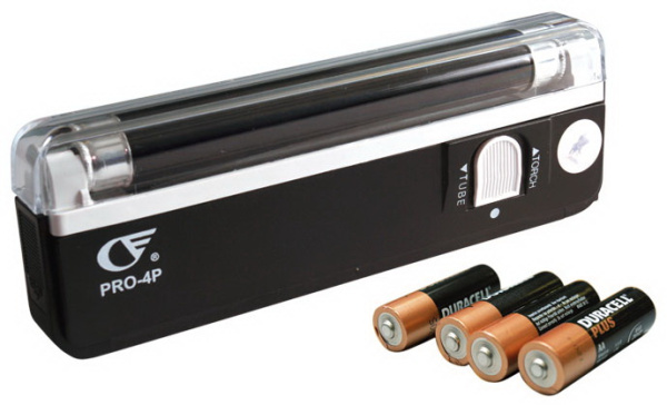 PRO,pro-4p мини-детектор подлинности банкнот, 2 вида детекции - ультрафиолет (1лампа-4bт), детекция на просвет, питание от батарей